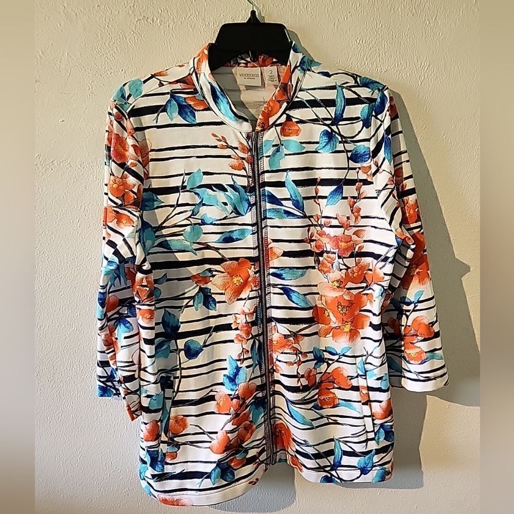 Chico's Weekends Jacket Women's Sz 2 Blue Floral Zip 3/4 Sleeve Beach Colorful